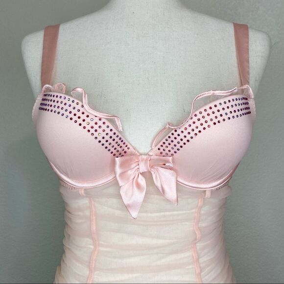 NWOT Victoria’s Secret 34B Pink Mesh Rhinestone Embellished Lingerie - Picture 3 of 12